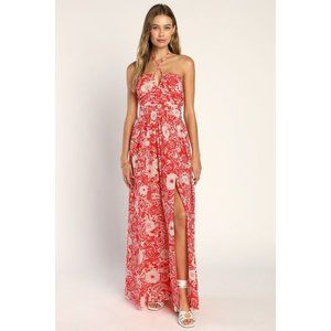 Lulus Women's Sz. M f You Breeze Red Paisley Print Halter Maxi Dress NWT